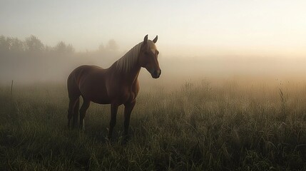 Poster -  A horse stands amidst tall grass on a foggy day with the sun shining through tree branches