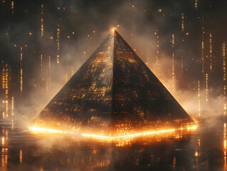 Poster - Futuristic pyramid structure highlighted by glowing lights and mist, creating a mysterious and captivating atmosphere.