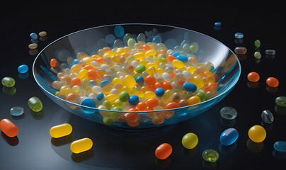 Bright composition of tablets in transparent dishes on a dark background.