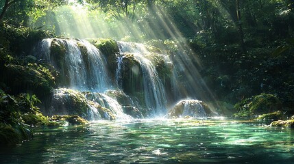 Poster -   A waterfall, lush green forest, and bright sunlight illuminate its waters