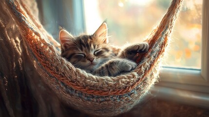 Sticker -   A cat napping in a hammock with its head on its back and eyes closed