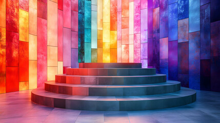 Poster - Vibrant, colorful backdrop with illuminated glass panels and tiered steps, creating a lively atmosphere.