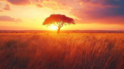 Wall Mural -   A solitary tree stands in the center of a field as the sun sets in the distance beyond the horizon