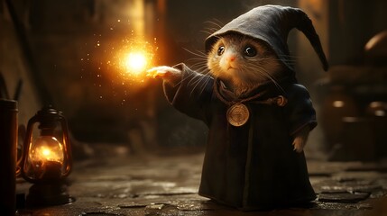 Adorable ferret dressed in a wizard s robe casting a glowing magical spell in a dark mystical room  The creature s eyes glow with a supernatural aura evoking a sense of wonder and enchantment