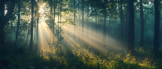 Bright morning light streaming through a dense verdant forest creating a magical and serene atmosphere that symbolizes the promise of a new day and the rejuvenation of nature