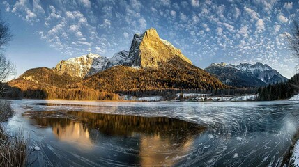 Poster -   A serene lake surrounded by towering snow-capped mountains under a crystal clear blue sky, dotted with wispy white clouds and sparse green trees in the foreground