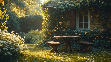 Sticker -   A pair of wooden tables rests in the center of a verdant field adjacent to a building with an open window