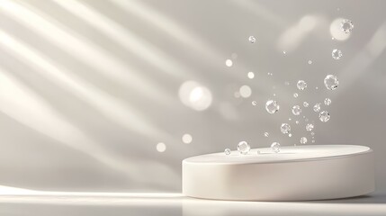 A minimalistic scene featuring a floating white object with bubbles and soft light, creating a serene and modern atmosphere.