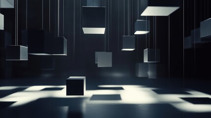 Floating 3D cubes with shifting patterns of light and shadow, suspended in a dark, empty space.