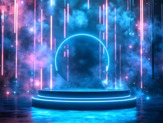 Poster - Futuristic neon stage with glowing circle and colorful light beams, perfect for presentations or creative projects.