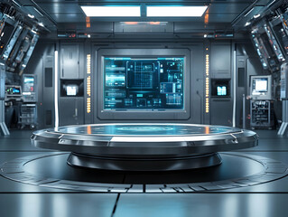 Poster - Futuristic control room with advanced technology and screens, ideal for sci-fi themes.