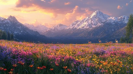 Canvas Print -  Wildflower field with mountains, cloud-filled sky & pink, yellow foreground flowers