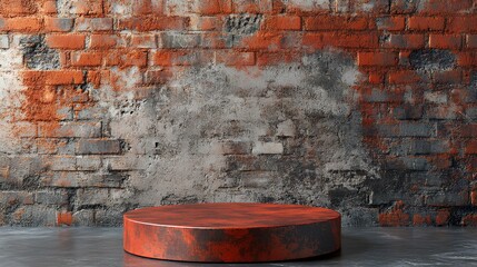 A textured red circular platform set against a rustic, weathered brick wall, creating a dramatic backdrop for presentations or displays.