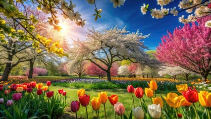 lush spring blooms and fresh greenery thrive in a peaceful landscape, all beneath a bright blue sky,