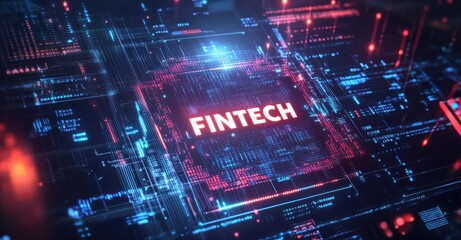 Poster - 3D futuristic hologram displaying the word 'Fintech' surrounded by digital circuits and icons