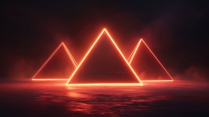 Wall Mural - Floating 3D pyramids made of glowing neon lines, softly illuminated in an infinite, dark space.