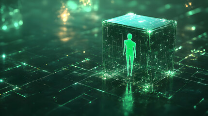 Poster - A futuristic scene featuring a glowing figure within a digital cube in a green, tech-inspired environment.