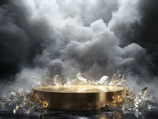 Poster - A dramatic display of a golden pedestal surrounded by ethereal clouds and sparkling crystals, creating a mystical atmosphere.