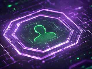 Poster - Futuristic digital silhouette of a person with neon colors against a high-tech background.