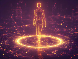 Poster - Futuristic digital figure surrounded by swirling lights, embodying innovation and virtual reality.