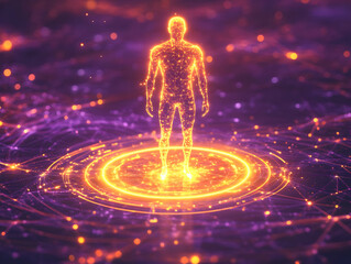 Poster - An illuminated human figure composed of glowing particles, set against a cosmic background with vibrant energy patterns.