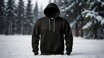 Canvas Print - Black Blank hoodie mockup on winter snow background .Blank sweatshirt black color preview template front and back view. crew neck mock up isolated on white background. Cloth collection.