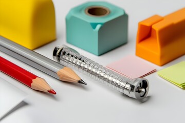 Poster - Closeup of Colorful Office Essentials on Solid White Background