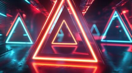 Wall Mural - Floating 3D triangles with glowing neon edges, softly rotating in a surreal, dark space.