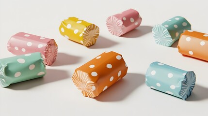 Poster - Colorful and Minimalist 3D Rendered Candy Wrappers with Simple Geometric Patterns Displayed on a Clean White Background  Flat Design Suitable for Packaging Branding or Product Photography Purposes
