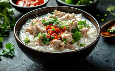 A black bowl of hearty chicken congee, garnished with fresh cilantro and a dollop of flavorful red sauce, surrounded by chopped greens, offering a comforting, wholesome meal.