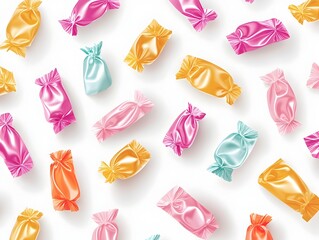 Poster - Colorful and Shiny Candy Wrappers Scattered Randomly on a Clean White Background Showcasing a Flat Design Style with Textured Surfaces and Modern Aesthetic