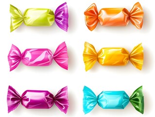 Poster - Colorful and Vibrant Glossy Candy Wrappers Arranged in a Flat Design on a White Background