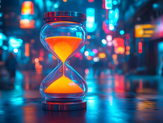 Wall Mural - An illuminated hourglass in a vibrant urban setting, capturing the essence of time in a colorful nightlife environment.