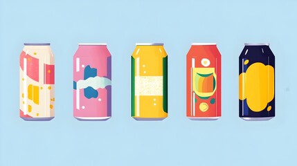 Colorful assortment of canned drinks with vibrant graphic packaging design Flat style modern and trendy cans of soda beer or other carbonated beverages in a still life flat lay composition