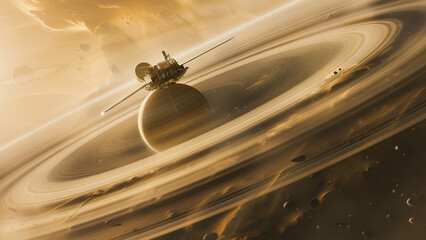 Wall Mural - a spacecraft flying past the rings of saturn, representing the expansion of planetary research