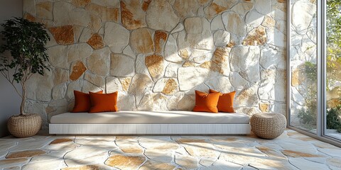 natural living room with natural irregular flagstone wall and floor by orange and white color 