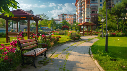 Sticker - Serene City Park Pathway with Lush Greenery and Flowers