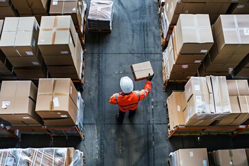 A warehouse worker packing an order, represents ecommerce and logistics, with copy space