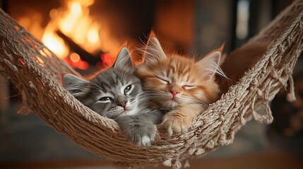 Poster -   Two kittens sleep in a hammock while a fire crackles in the background behind them