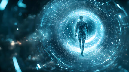 Poster - A futuristic representation of a figure walking through a digital portal, emitting blue light in a cosmic background.