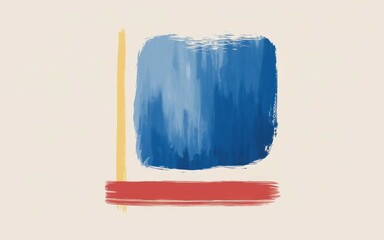 Abstract blue yellow red art. Minimalist digital art featuring a blue square with yellow and red lines.  Represents simplicity, peace, and harmony.