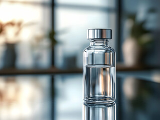 Poster - Transparent glass vial filled with water, placed on a reflective surface with a soft blurred background.