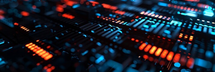 Abstract close-up of a glowing audio mixer with colorful lights.