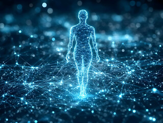 Poster - Digital silhouette of a human figure amidst glowing network connections.