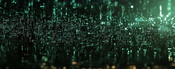 Poster - Digital matrix background with glowing green binary code streams in dark abstract tech landscape