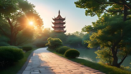 Tranquil pathway to a traditional Chinese pagoda embraced by lush greenery and warm sunlight