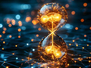 Poster - An illuminated hourglass symbolizing time and innovation with digital elements, set against a vibrant, tech-inspired background.