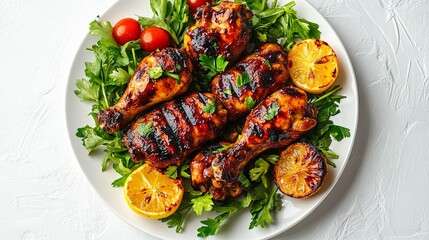 Wall Mural - Grilled Chicken Legs with Lemon and Parsley on a White Plate