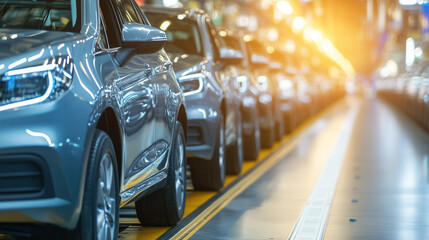 Brand new cars stands in line in modern factory