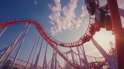 Thrilling roller coaster ride at an amusement park during sunset, filled with excited passengers enjoying the twisty turns of the track